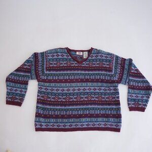 Vintage Faded Glory Burgundy Blue Fair Isle Sweater Cabincore Old Money 18W/20W